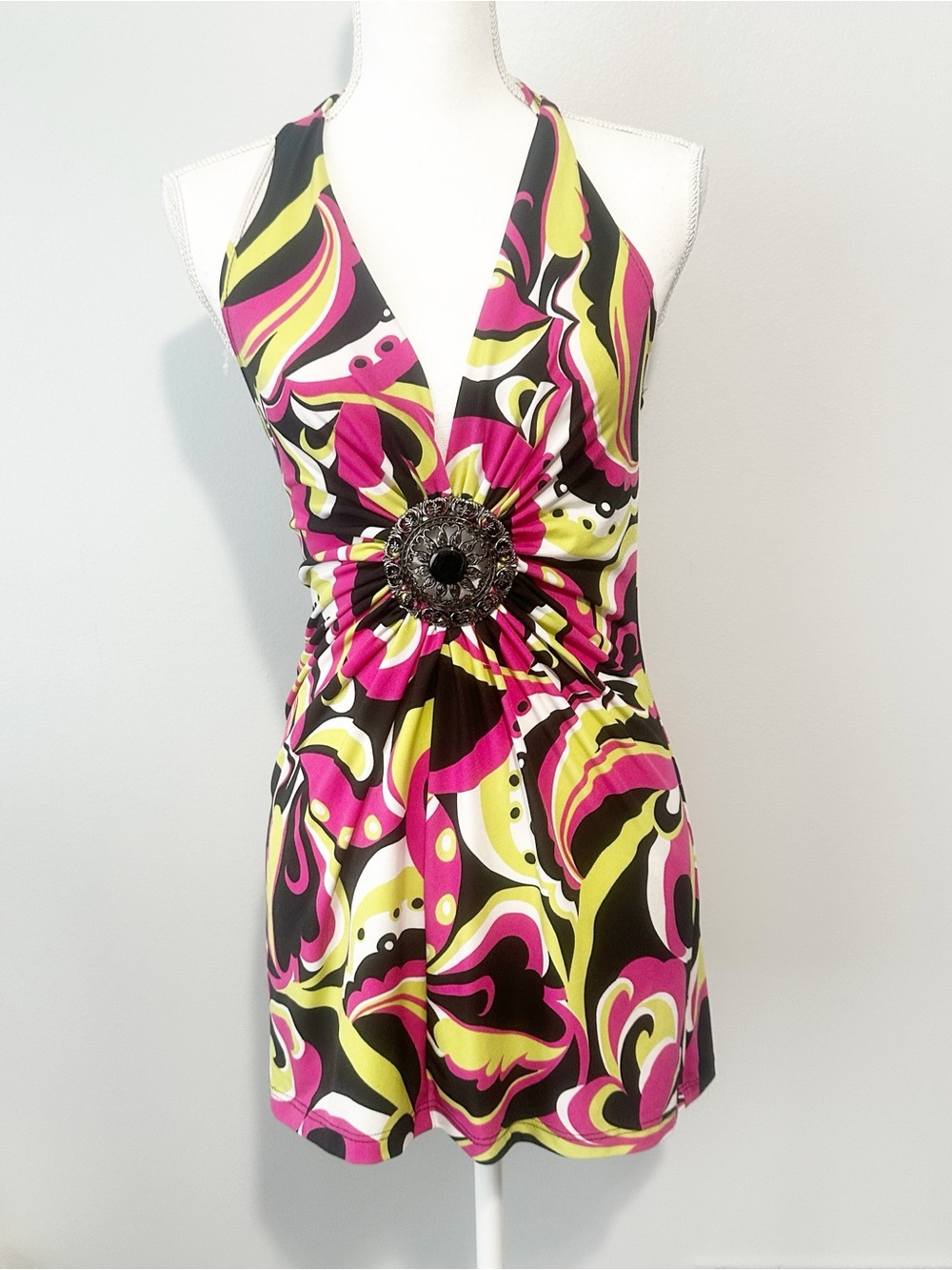 Fleurish Halter-Neck Pink & Lime mod halter top mini tunic medallion medium USA